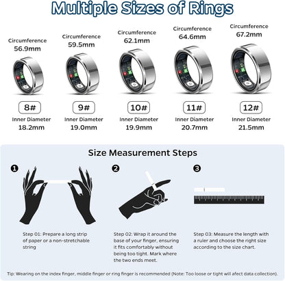 Smart Ring Health Tracker, Sleep Tracker Ring with Heart Rate, Waterproof Fitness Ring for Activity Monitoring/Steps/Distance/Calories, Air Gestures, up to 7-Day Battery, for Ios Android (Silver,#8)