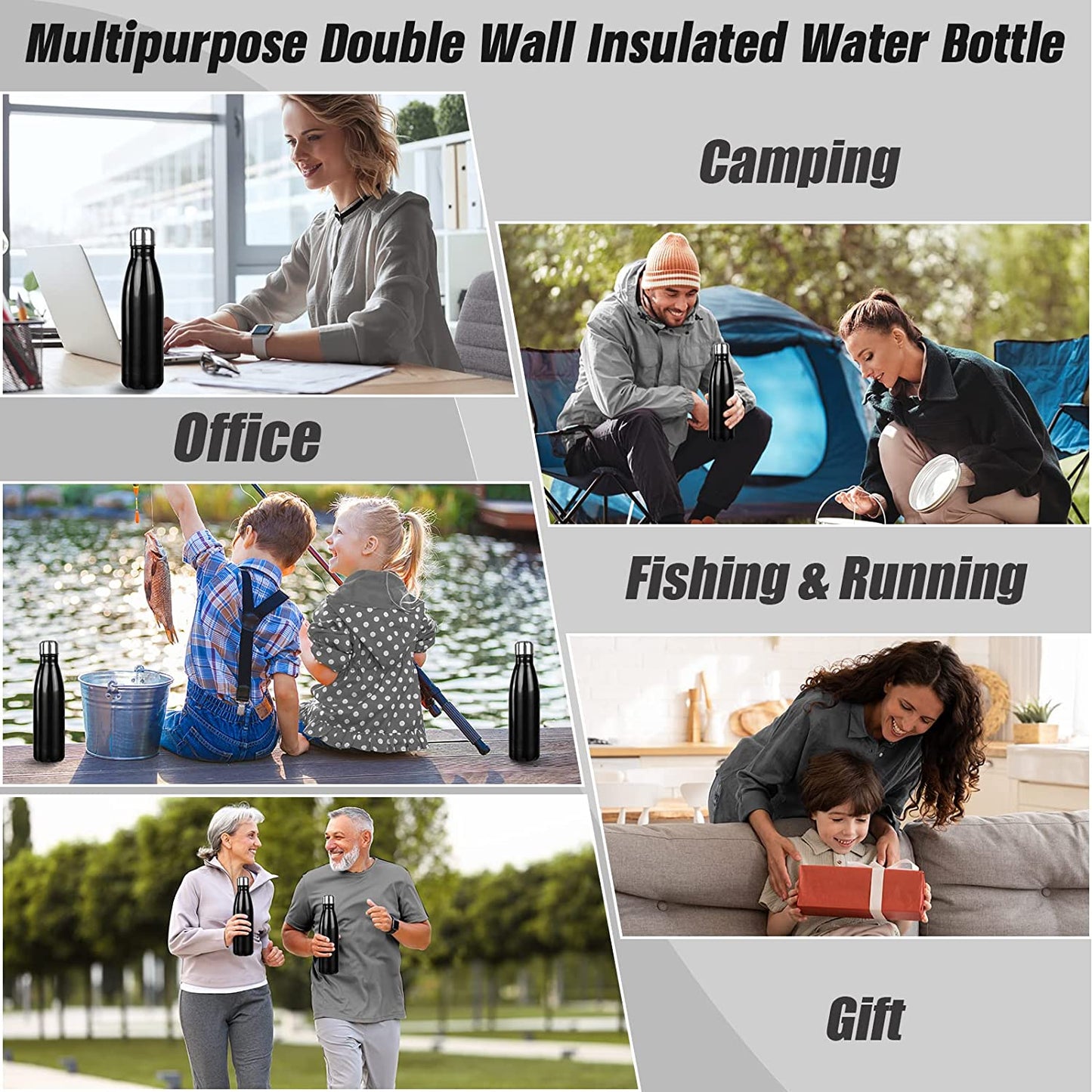 Insulated Water Bottle, 17 Oz Stainless Steel Water Bottles, Double Wall Vacuum Reusable Water Bottles Leak Proof BPA-FREE Sports Bottle Cup Keep Hot&Cold for Running Gym Workout Cycling Kids