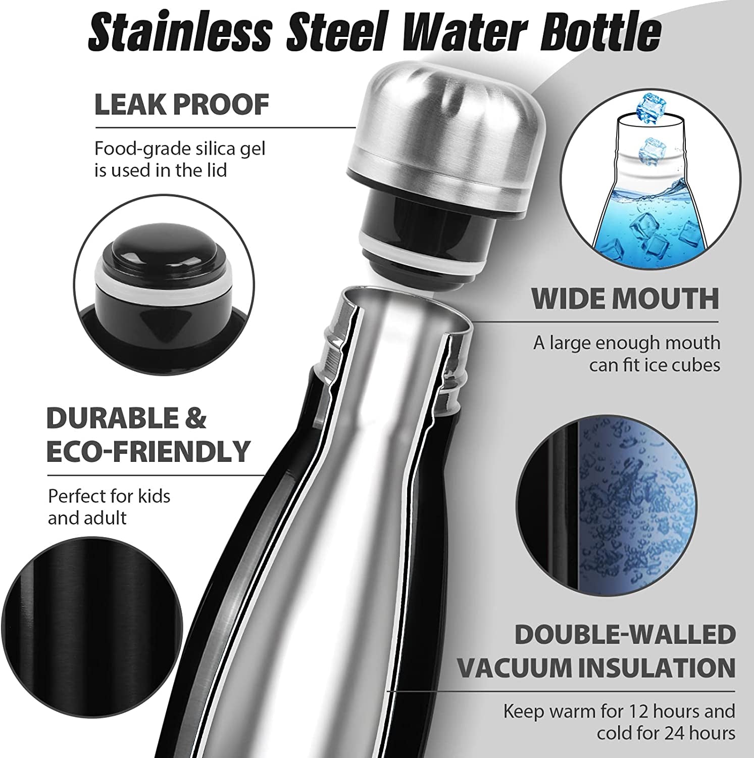 Insulated Water Bottle, 17 Oz Stainless Steel Water Bottles, Double Wall Vacuum Reusable Water Bottles Leak Proof BPA-FREE Sports Bottle Cup Keep Hot&Cold for Running Gym Workout Cycling Kids
